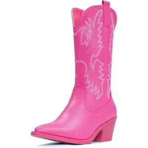 Women's Pink Embroidery Western Cowgirl Boots Pull On Pointy Toe Mid Calf